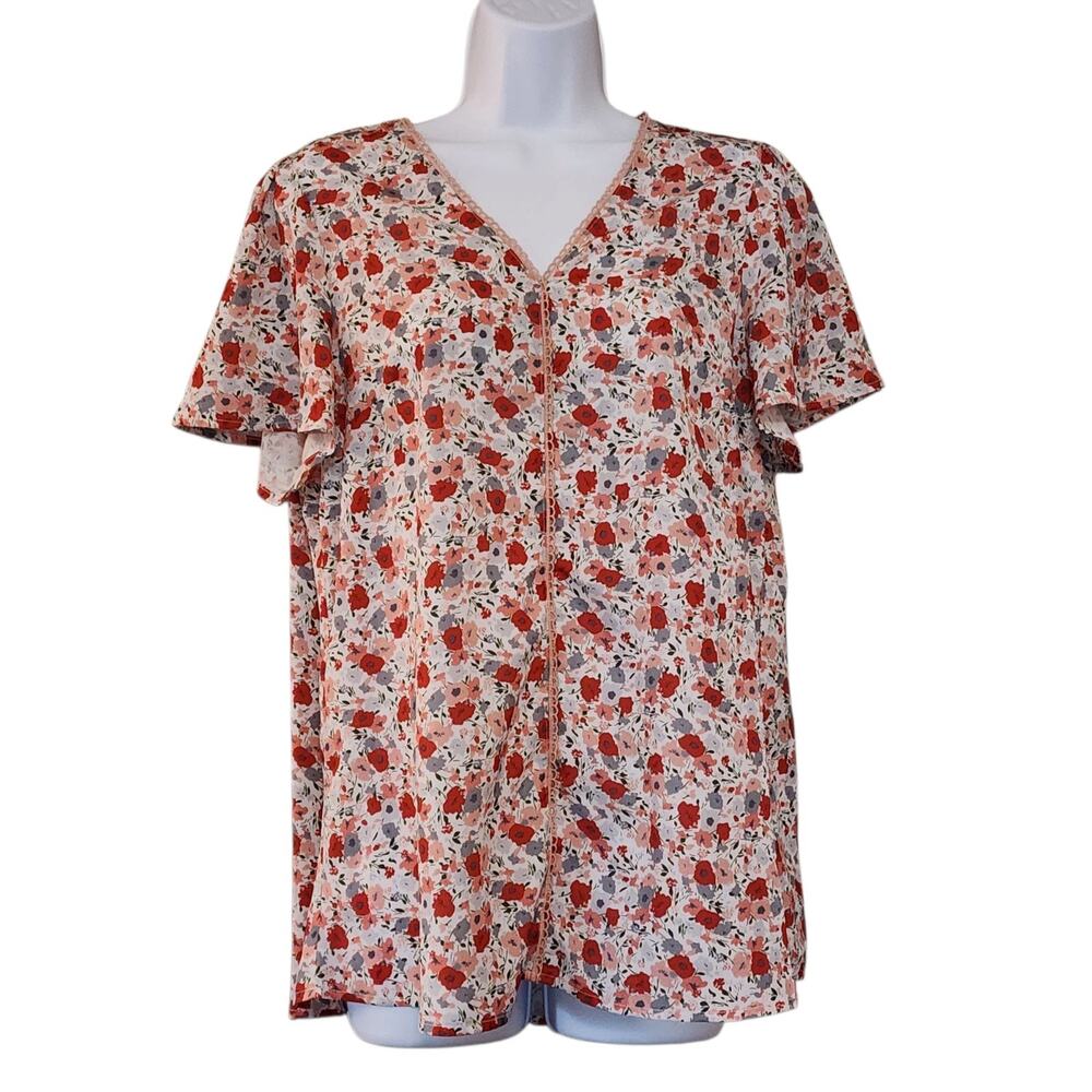 Davi & Dani Womens Pullover Blouse Size S Pink Floral V-Neck Short Sleeve Top